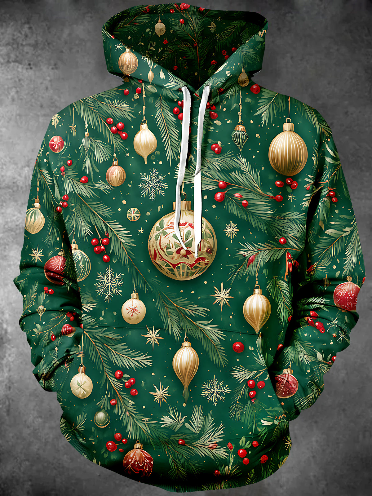 Oceanlyte Men's Christmas Ornaments And Pine Branches Print Long Sleeve Hoodie