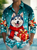 Oceanlyte Men's Long Sleeve Shirt - Christmas Husky Dog With Red Scarf And Gift Box Print with Chest Pocket