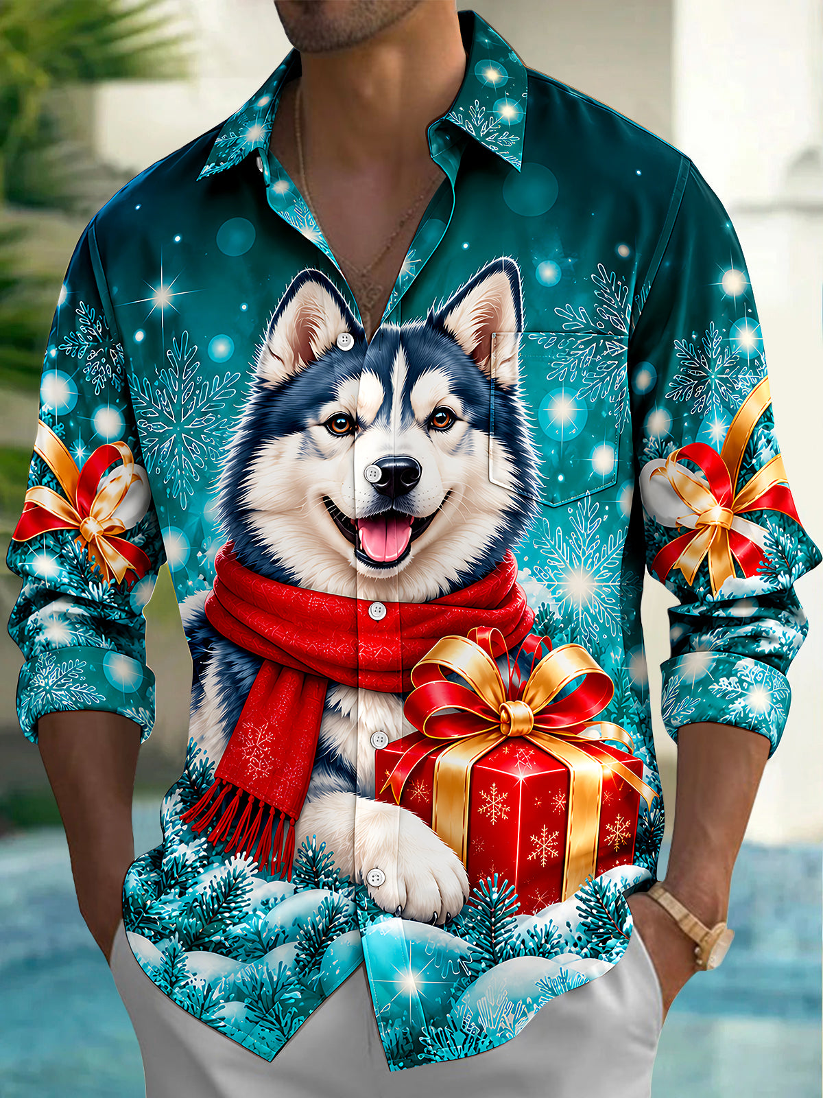 Oceanlyte Men's Long Sleeve Shirt - Christmas Husky Dog With Red Scarf And Gift Box Print with Chest Pocket