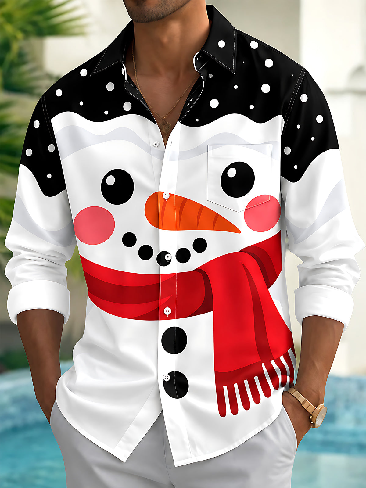 Oceanlyte Men's Graphic Snowman Print Christmas Print Long Sleeve Shirt with Chest Pocket