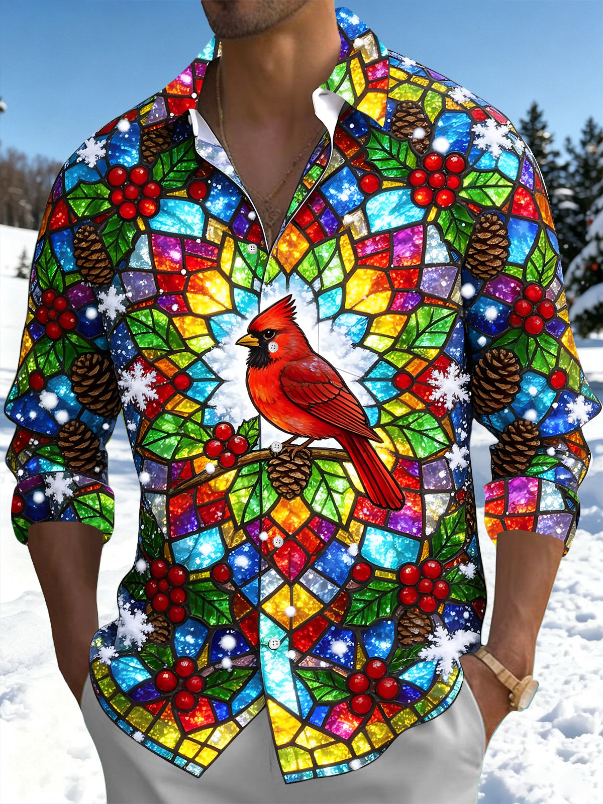 Oceanlyte Men's Christmas Stained Glass Cardinal Bird Print Long Sleeve Shirt with Chest Pocket
