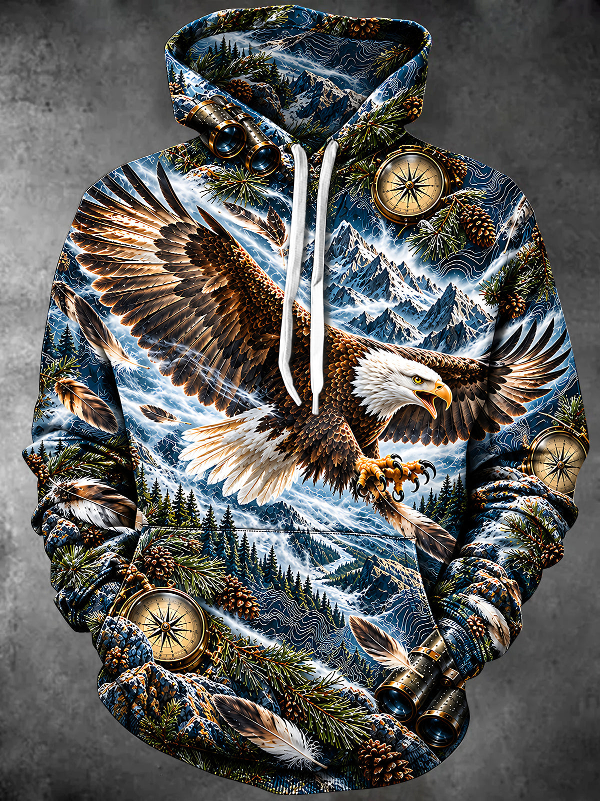 Oceanlyte Men's Bald Eagle And Mountain Landscape Print Long Sleeve Hoodie