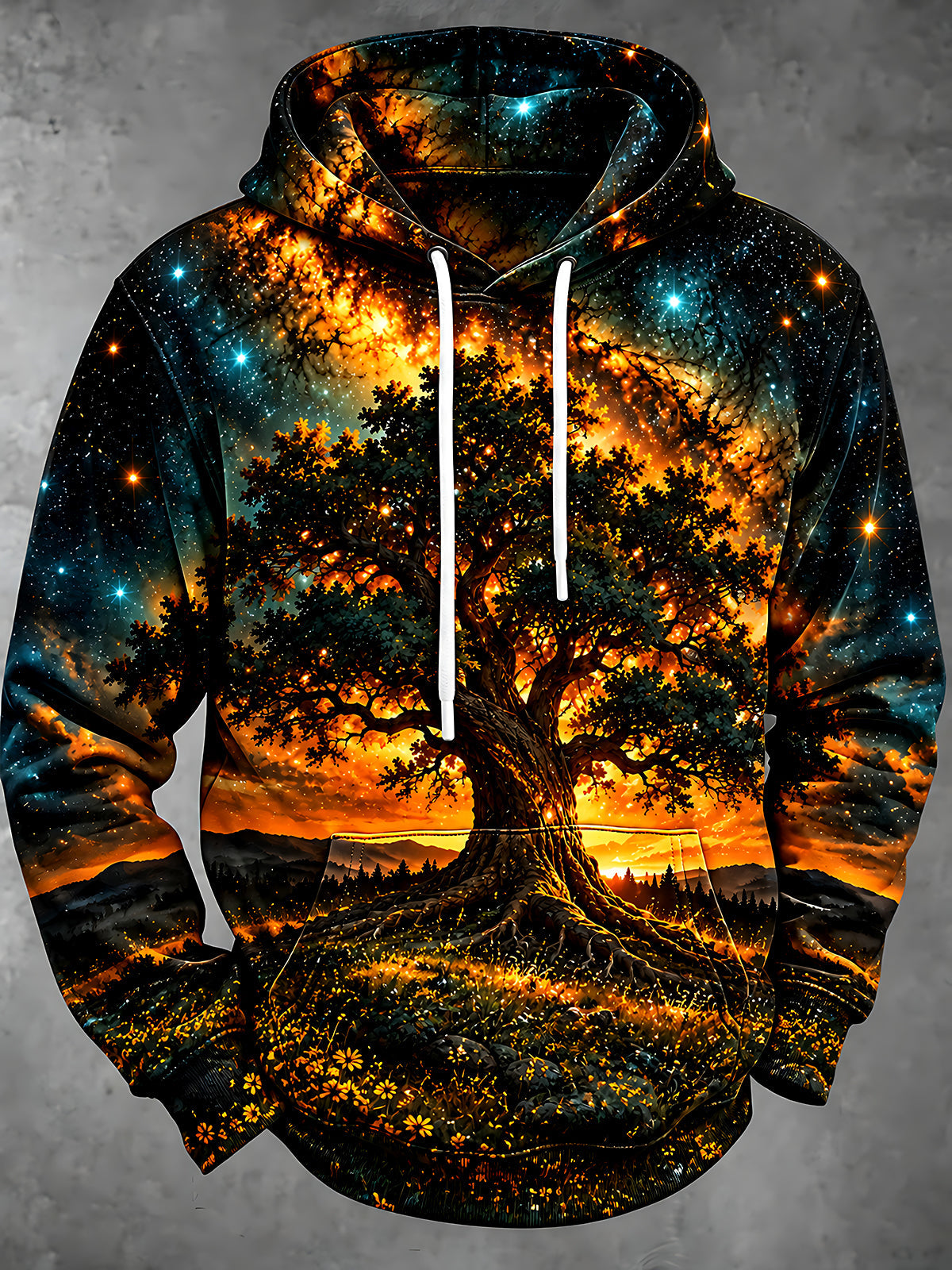 Oceanlyte Men's Long Sleeve Hoodie - Glowing Tree Of Life With Starry Sky And Sunset Landscape Print