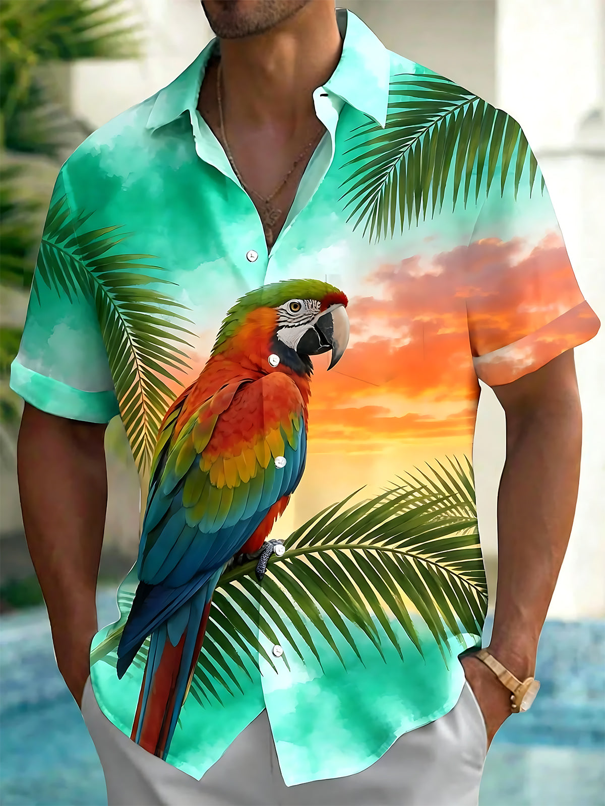 Oceanlyte Men's Hawaiian Parrot And Palm Leaf Sunset Print Short Sleeve Shirt with Chest Pocket