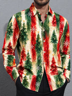 Oceanlyte Men's Long Sleeve Shirt - Watercolor Christmas Trees And Snowflakes Print with Chest Pocket