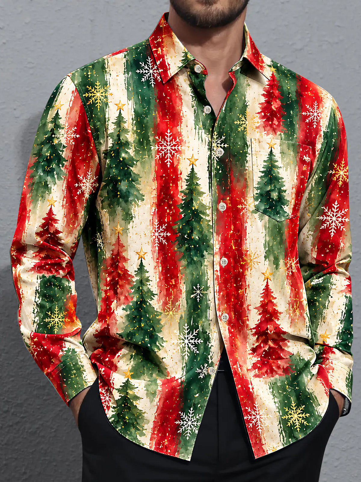 Oceanlyte Men's Long Sleeve Shirt - Watercolor Christmas Trees And Snowflakes Print with Chest Pocket