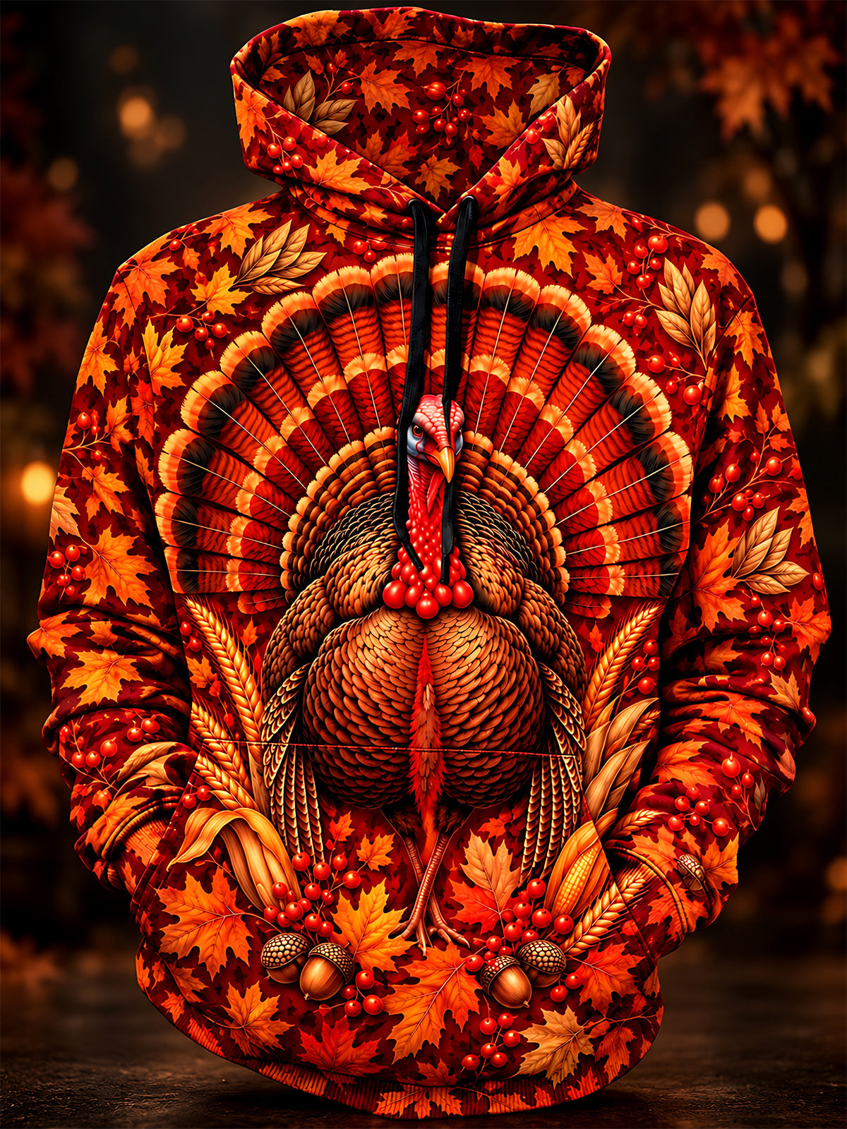 Oceanlyte Men's Long Sleeve Hoodie - Thanksgiving Turkey With Autumn Leaves And Berries Print