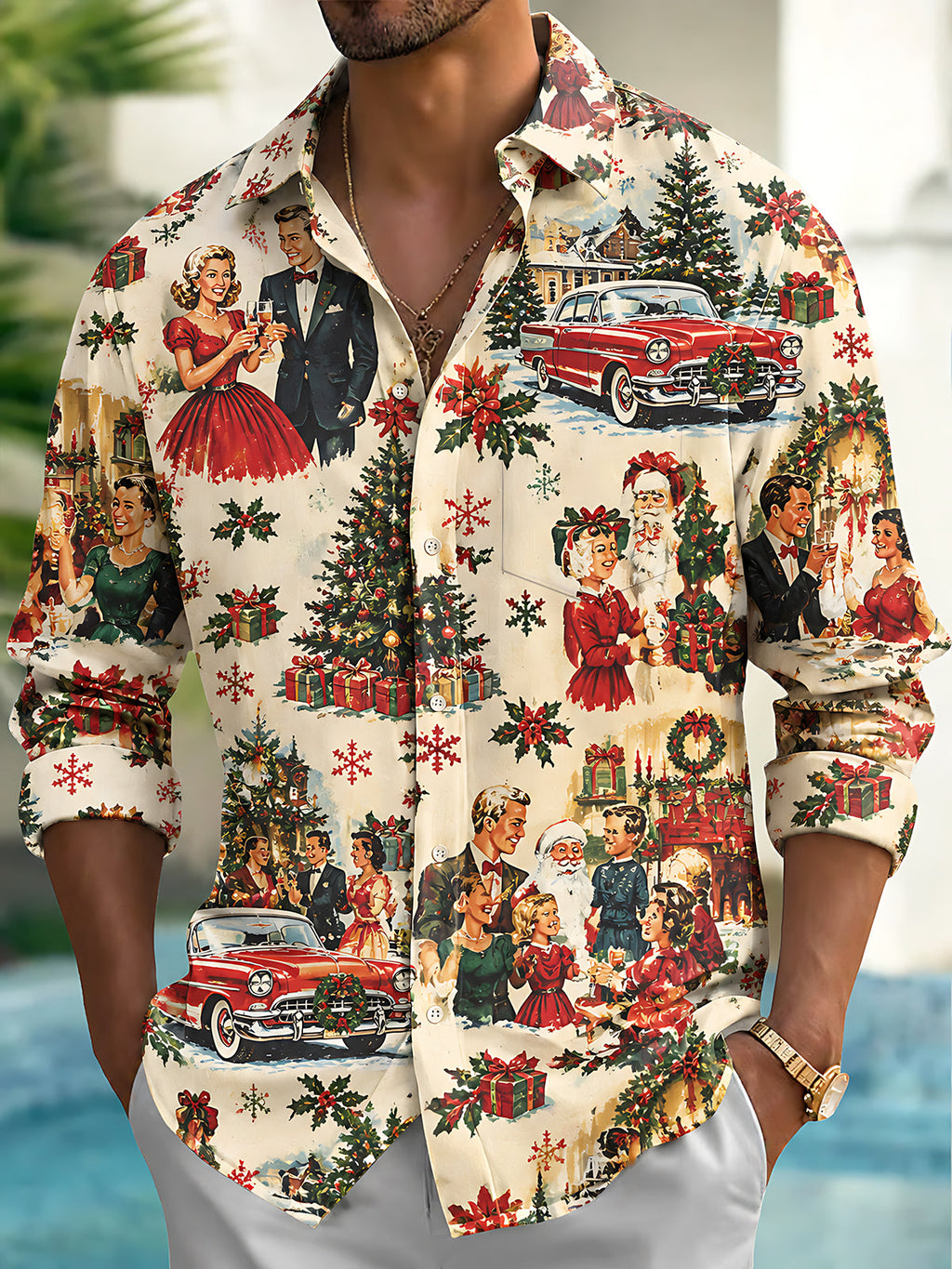 Oceanlyte Men's Long Sleeve Shirt - Vintage Christmas Scenes With Santa Claus And Families Print with Chest Pocket
