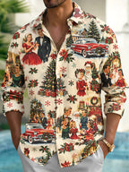 Oceanlyte Men's Long Sleeve Shirt - Vintage Christmas Scenes With Santa Claus And Families Print with Chest Pocket
