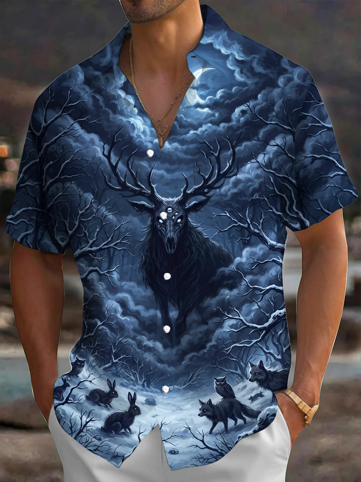 Oceanlyte Men's Mystical Deer And Night Forest Animals Print Short Sleeve Shirt with Chest Pocket