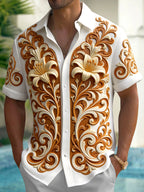 Oceanlyte Men's 3D Carved Floral Lilies And Scrollwork Print Short Sleeve Shirt with Chest Pocket