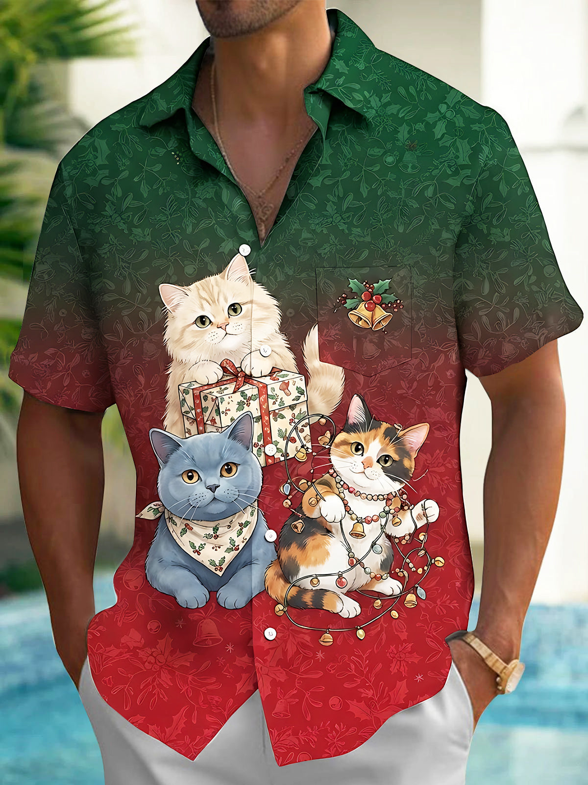 Oceanlyte Men's Christmas Cats With Gifts And Lights Print Short Sleeve Shirt with Chest Pocket