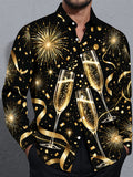 Oceanlyte Men's New Year Champagne Glasses And Fireworks Print Long Sleeve Shirt with Chest Pocket
