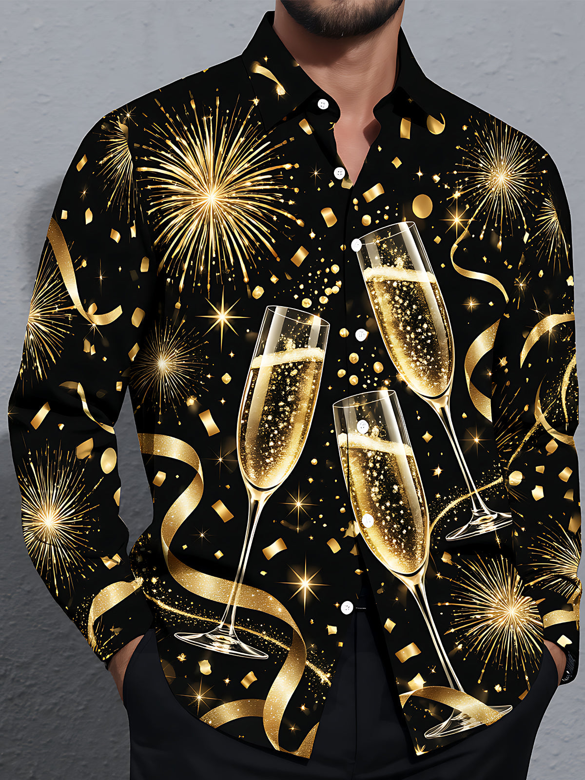 Oceanlyte Men's New Year Champagne Glasses And Fireworks Print Long Sleeve Shirt with Chest Pocket