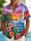 Oceanlyte Men's White Heron Bird Over Sunset Ocean Print Short Sleeve Shirt with Chest Pocket
