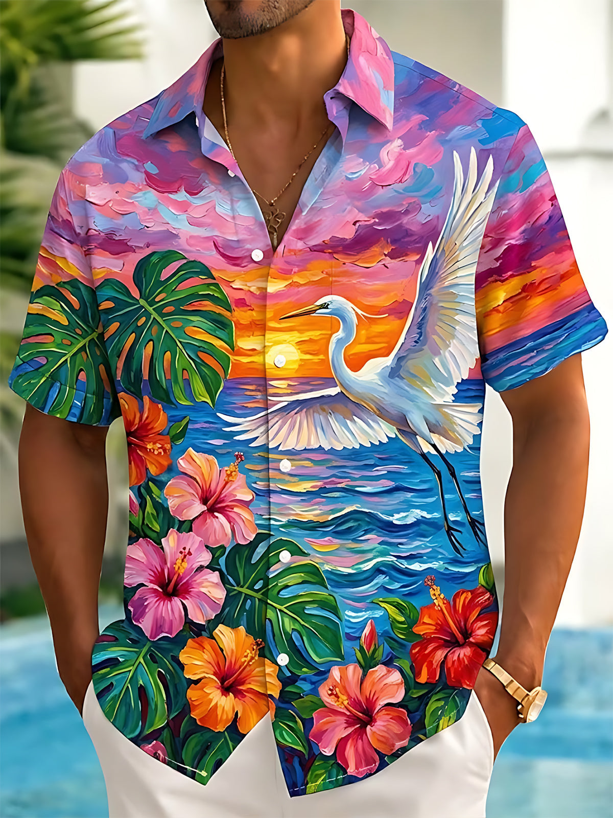 Oceanlyte Men's White Heron Bird Over Sunset Ocean Print Short Sleeve Shirt with Chest Pocket