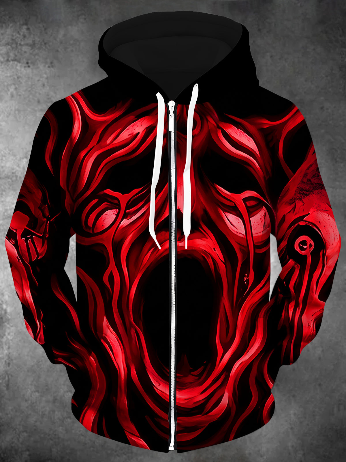 Oceanlyte Men's Long Sleeve Zip-Up Hoodie - Abstract Scream Face With Blood Texture Print