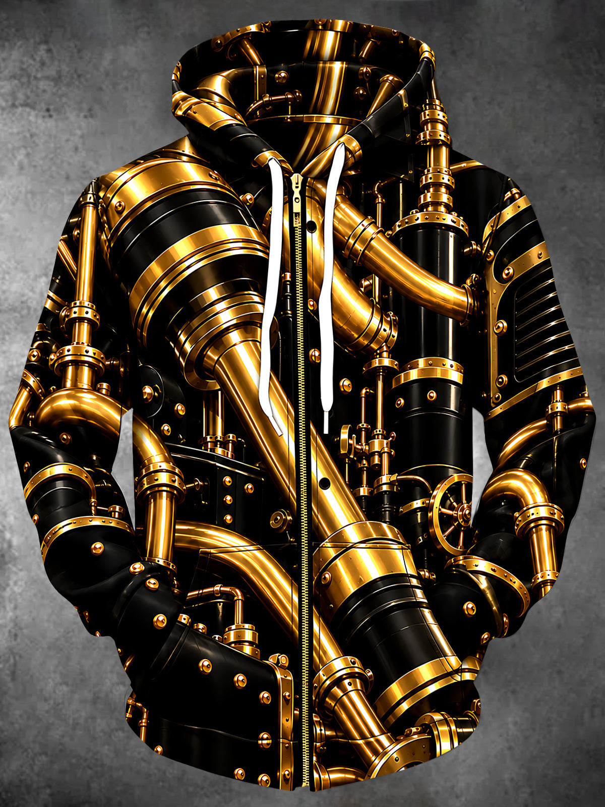 Oceanlyte Men's Long Sleeve Zip-Up Hoodie - Steampunk Mechanical Pipes And Gears Print