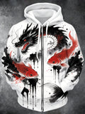 Oceanlyte Men's Graphic Dragon And Koi Fish Print Long Sleeve Zip-Up Hoodie