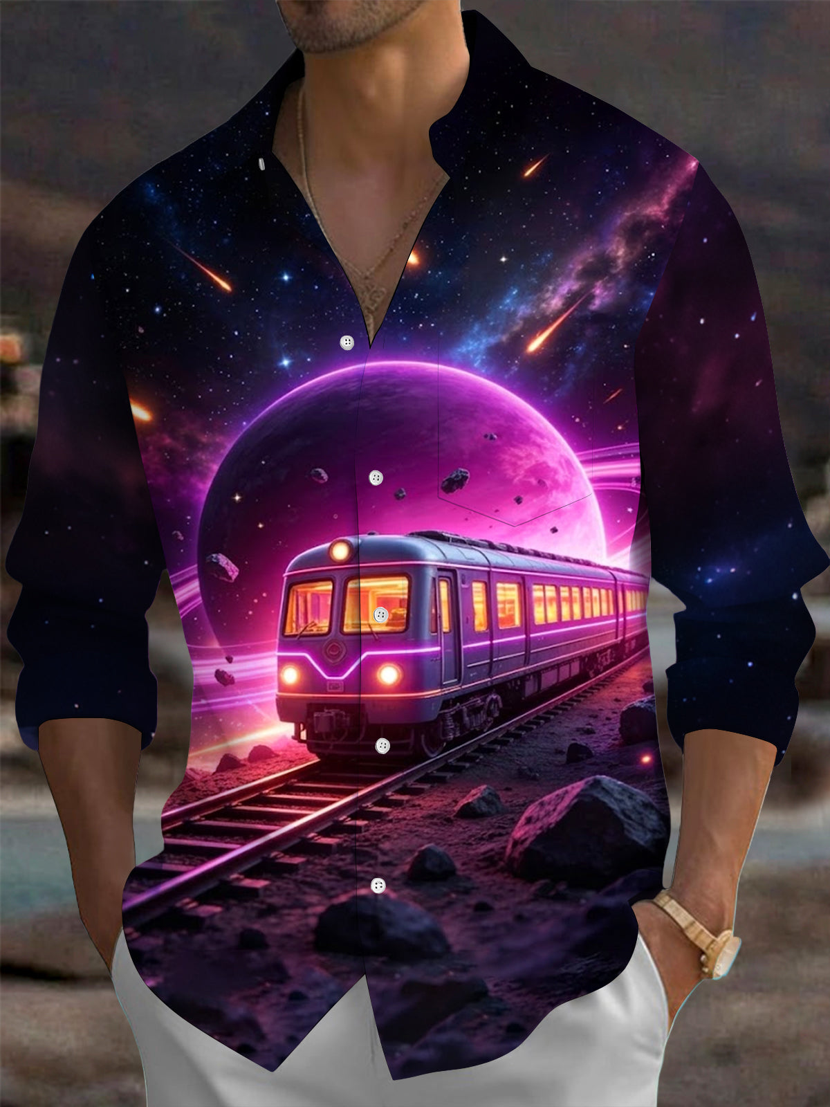 Oceanlyte Men's Graphic Space Planet And Train Print Long Sleeve Shirt with Chest Pocket