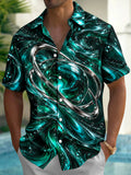 Oceanlyte Men's Short Sleeve Shirt - Abstract Swirling Liquid And Metallic Rings Print with Chest Pocket