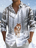 Oceanlyte Men's Printed Wolf In Snowy Forest Print Long Sleeve Shirt with Chest Pocket