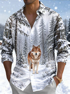 Oceanlyte Men's Printed Wolf In Snowy Forest Print Long Sleeve Shirt with Chest Pocket