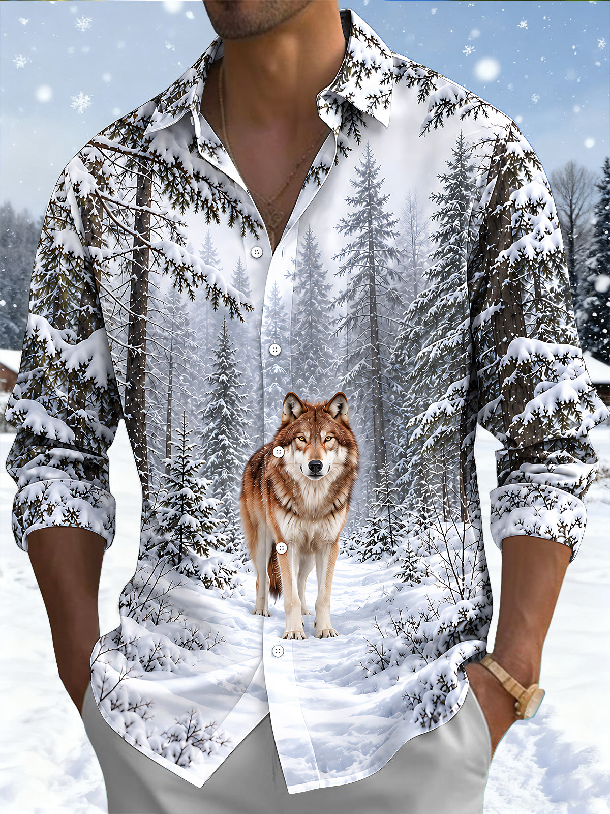 Oceanlyte Men's Printed Wolf In Snowy Forest Print Long Sleeve Shirt with Chest Pocket