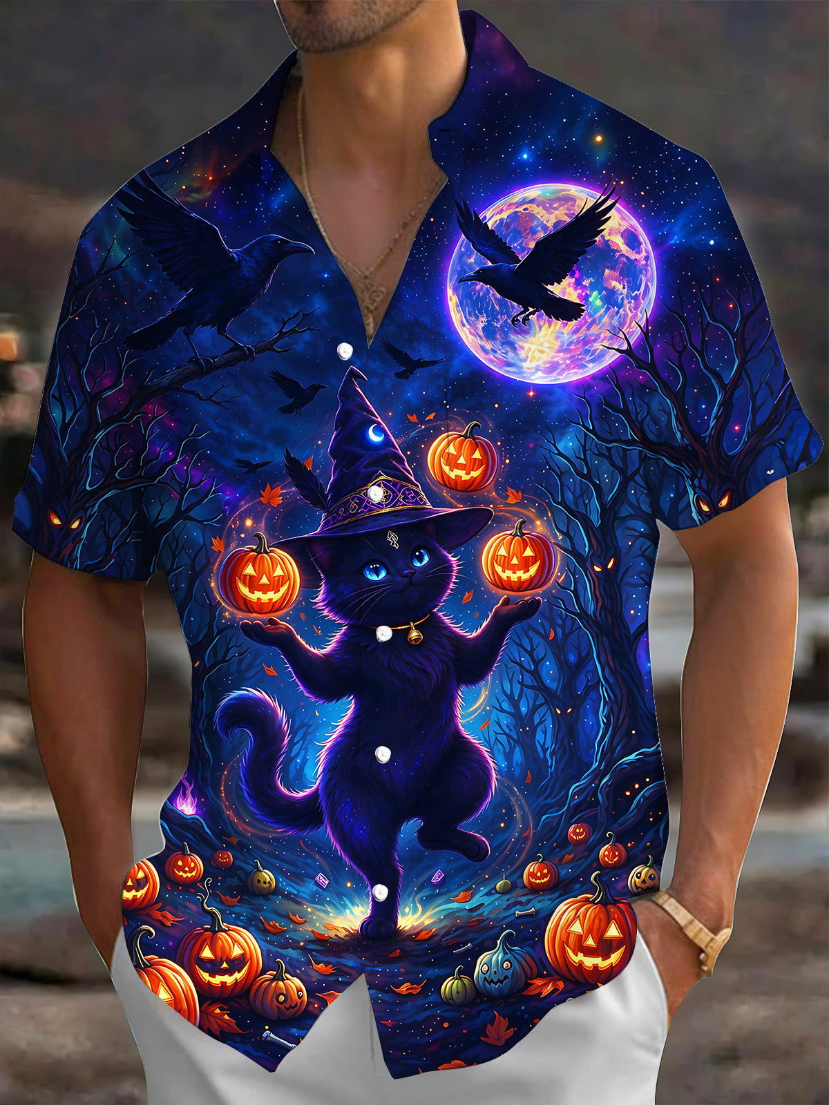 Oceanlyte Men's Halloween Black Cat And Pumpkins Print Short Sleeve Shirt with Chest Pocket