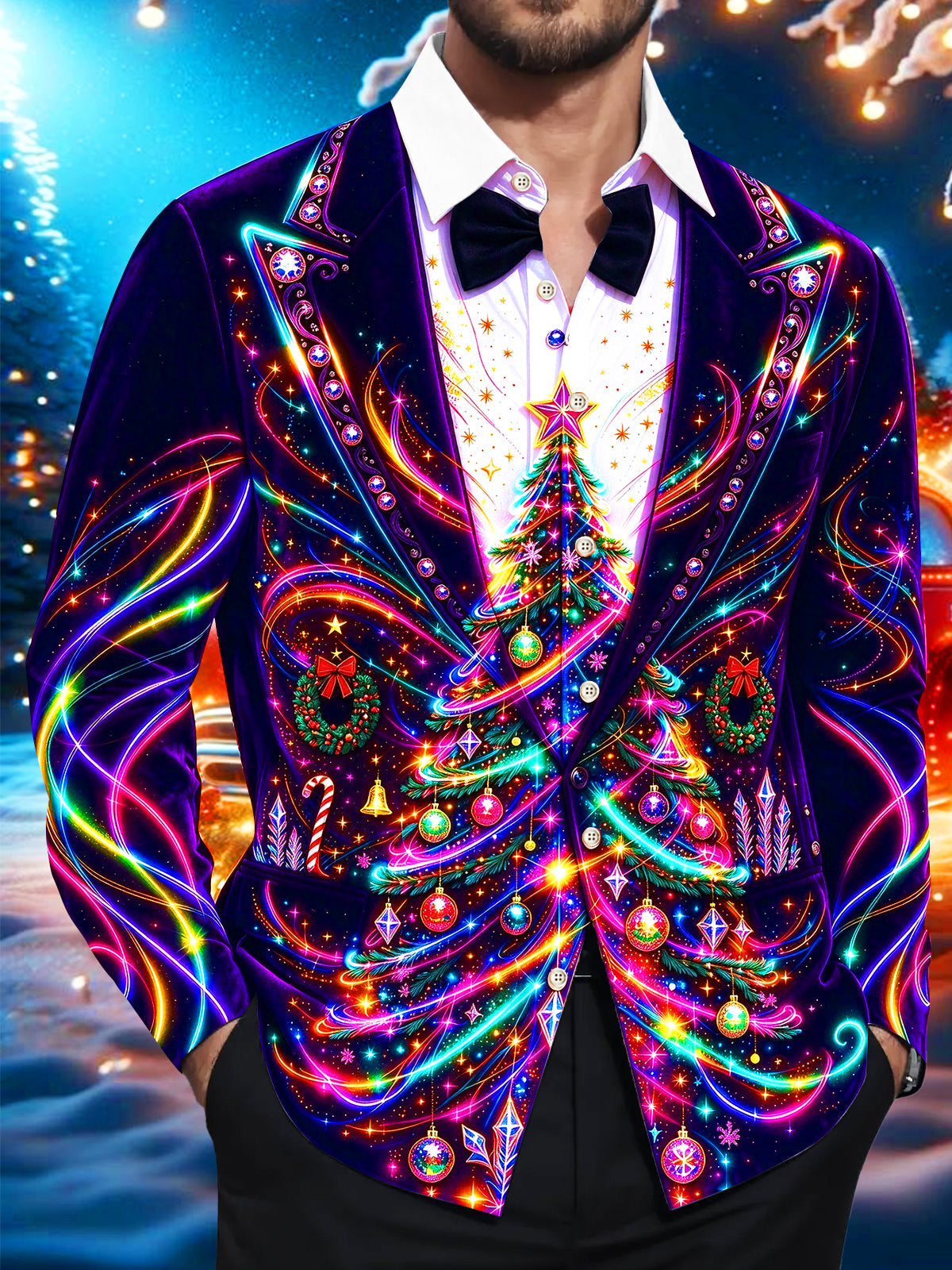 Oceanlyte Men's Long Sleeve Shirt - Neon Christmas Tree With Ornaments And Wreaths Print with Chest Pocket