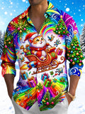 Oceanlyte Men's Graphic Christmas Cat In Rocket Sleigh Print Long Sleeve Shirt with Chest Pocket