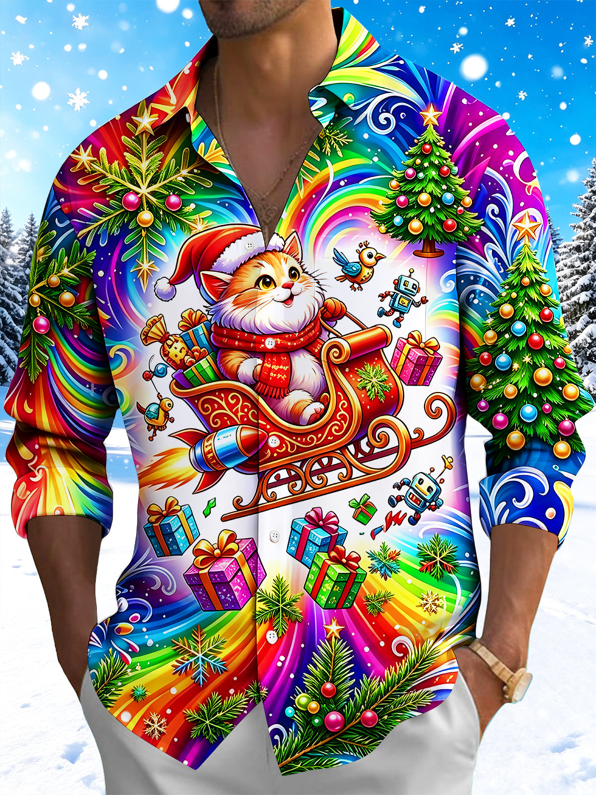 Oceanlyte Men's Graphic Christmas Cat In Rocket Sleigh Print Long Sleeve Shirt with Chest Pocket