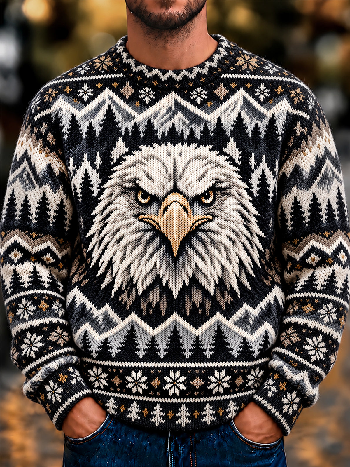 Oceanlyte Men's Vintage Style Bald Eagle Face Print Long Sleeve Sweater