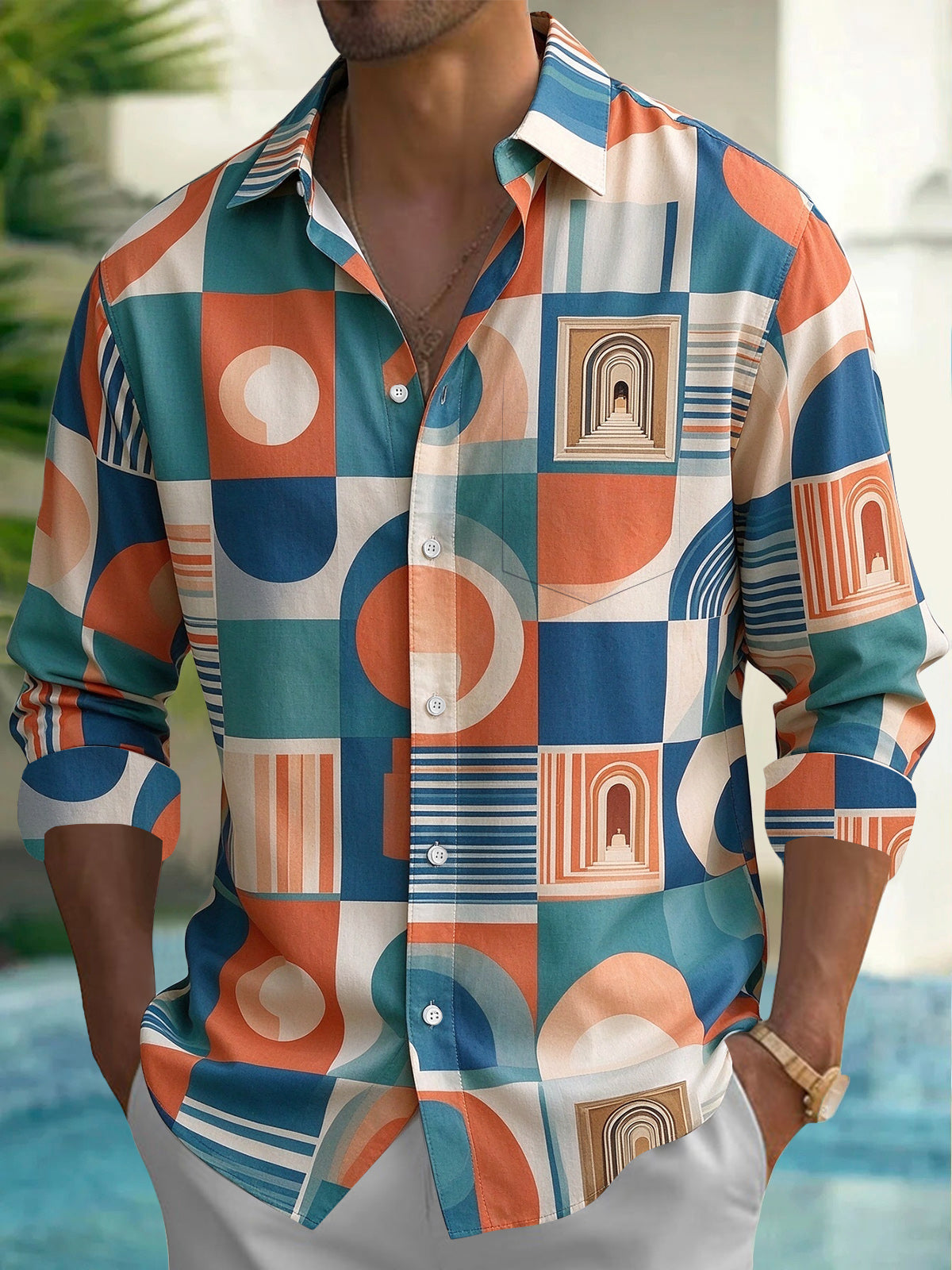 Oceanlyte Men's Patterned Geometric Shapes And Archways Print Long Sleeve Shirt with Chest Pocket
