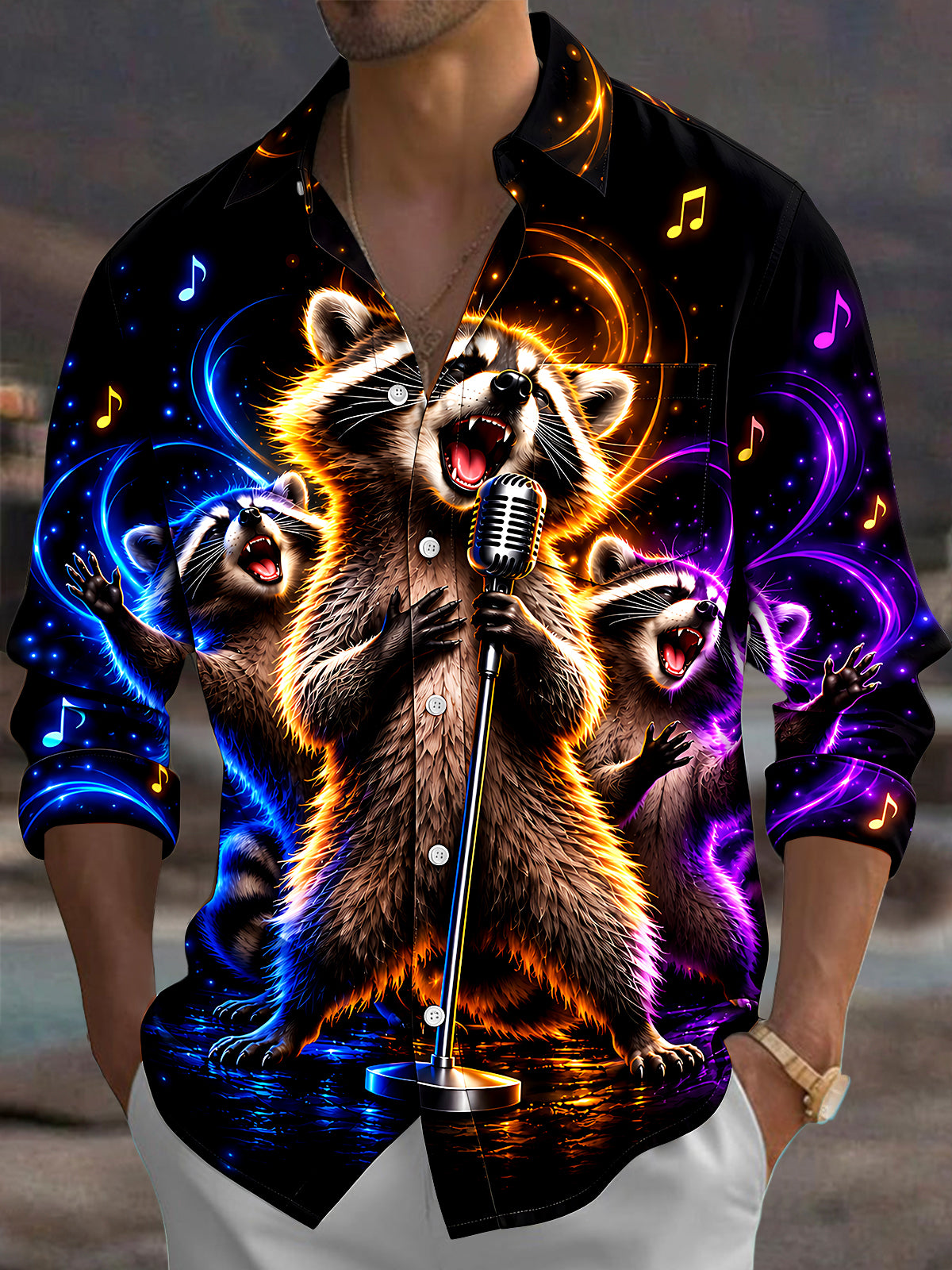 Oceanlyte Men's Long Sleeve Shirt - Singing Raccoons With Microphone And Musical Notes Print with Chest Pocket