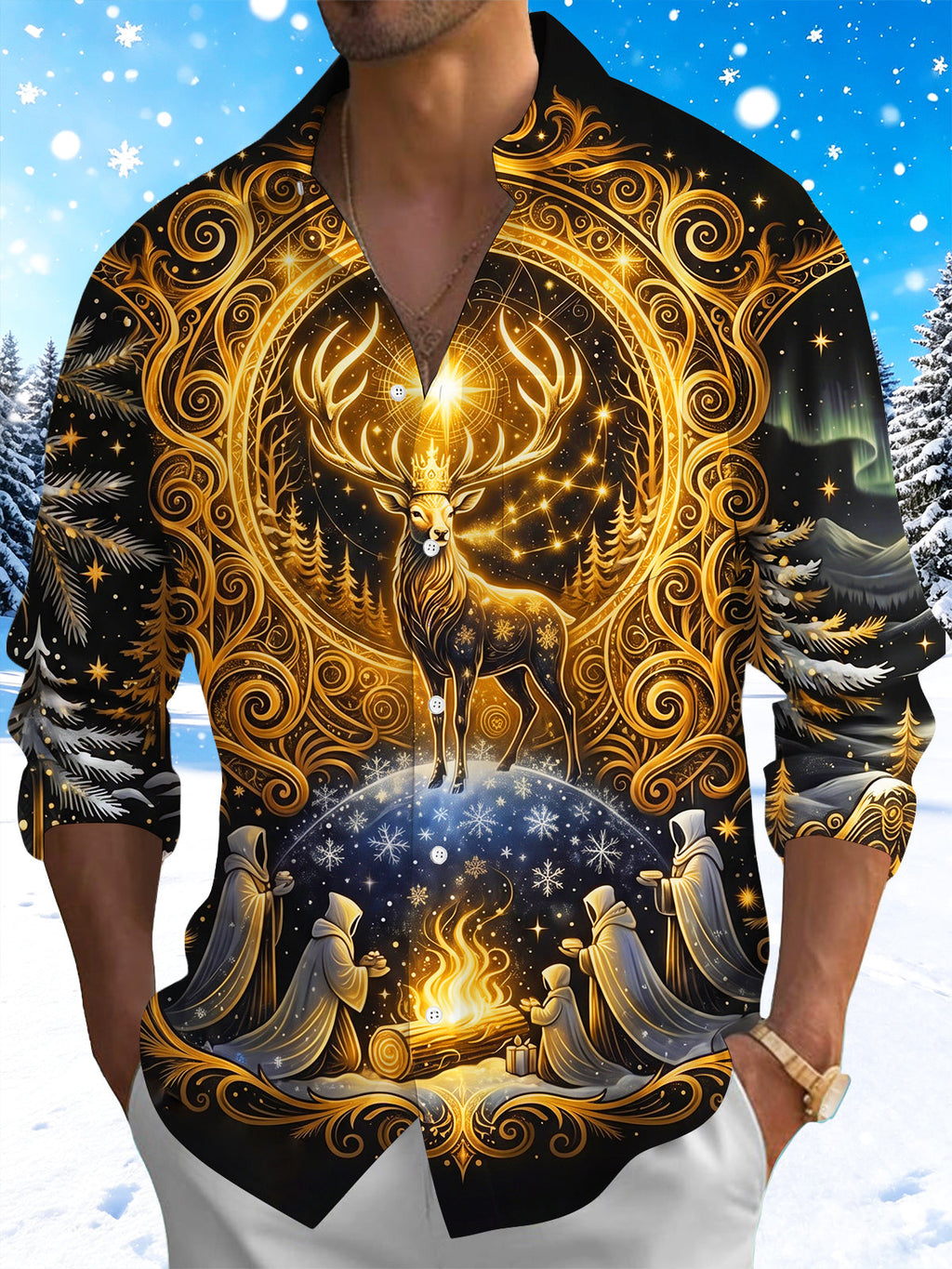 Oceanlyte Men's Graphic Golden Crowned Deer And Bonfire Print Long Sleeve Shirt with Chest Pocket