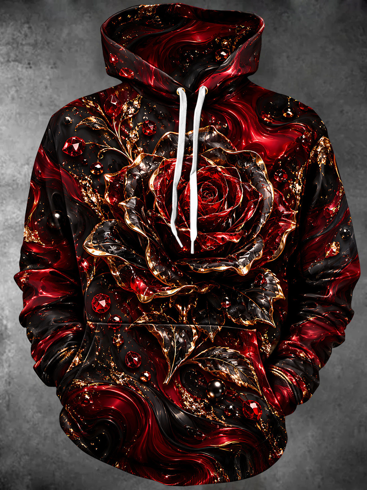 Oceanlyte Men's Long Sleeve Hoodie - 3D Red Rose With Gold Accents And Swirls Print