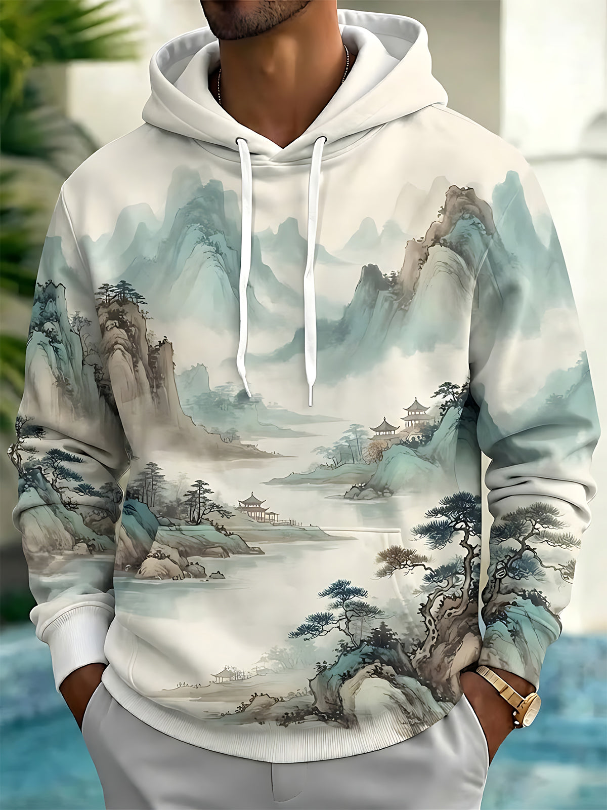 Oceanlyte Men's Graphic Landscape Scroll Painting Print Long Sleeve Hoodie