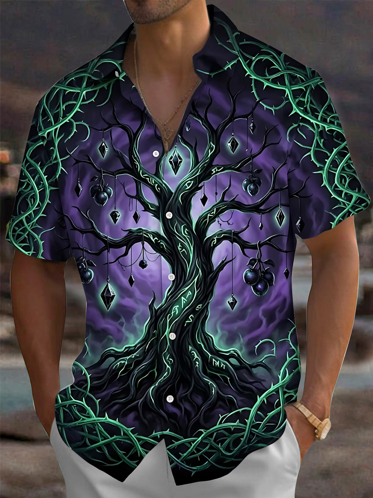 Oceanlyte Men's Short Sleeve Shirt - Dark Tree With Thorns And Hanging Crystals Print with Chest Pocket