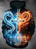 Oceanlyte Men's Ice And Fire Twin Dragons With Cross Print Long Sleeve Hoodie