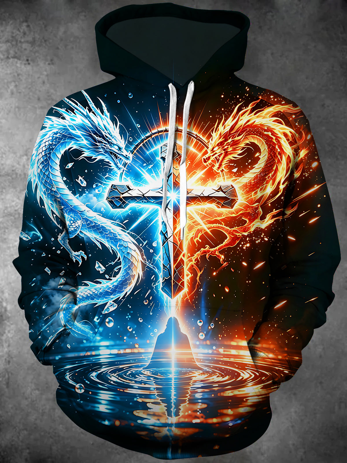 Oceanlyte Men's Ice And Fire Twin Dragons With Cross Print Long Sleeve Hoodie