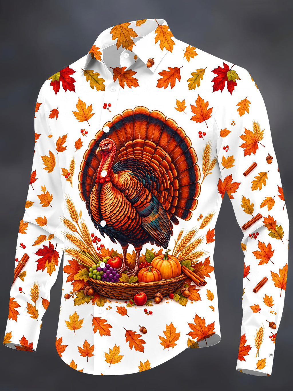 Oceanlyte Men's Long Sleeve Shirt - Thanksgiving Turkey And Harvest Cornucopia Print with Chest Pocket