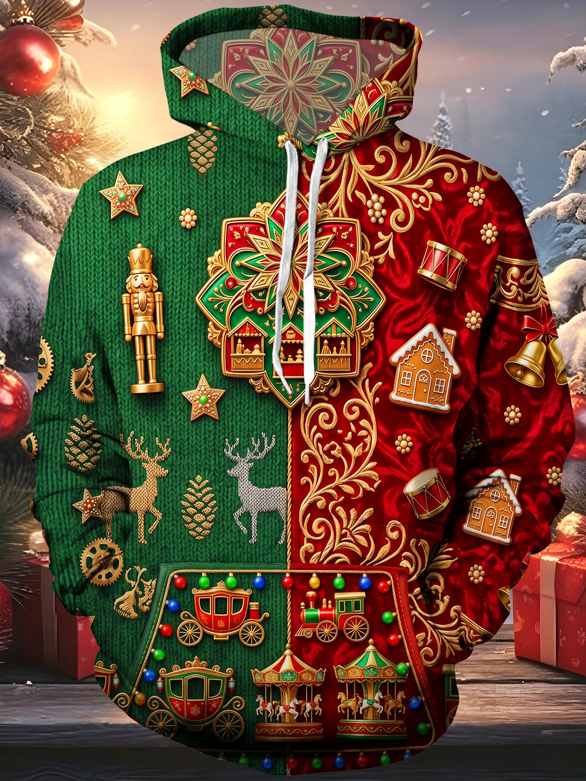 Oceanlyte Men's Long Sleeve Hoodie - Christmas Nutcracker Reindeer Gingerbread Houses Carriages And Carousel Print