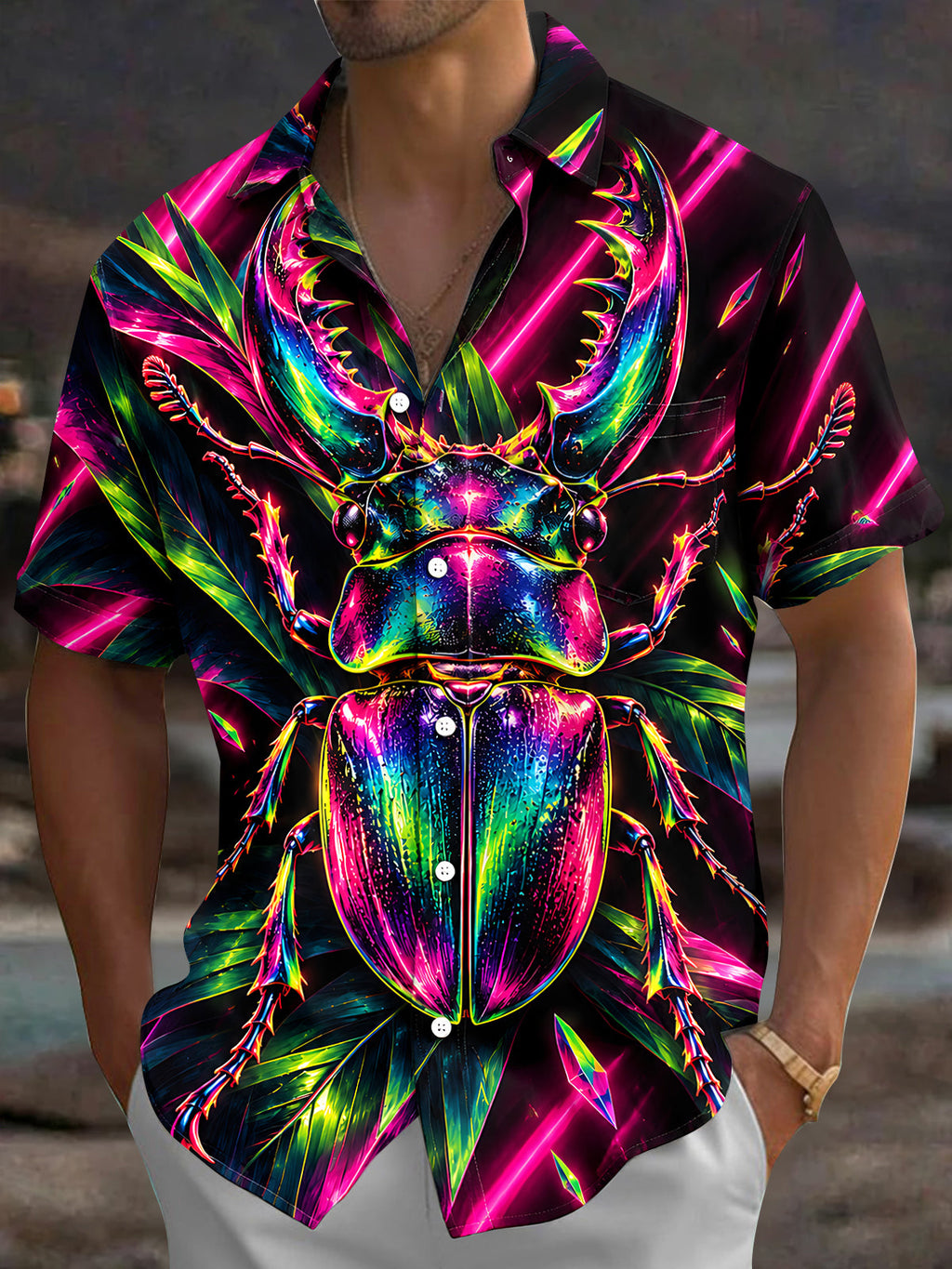 Oceanlyte Men's Neon Stag Beetle And Tropical Leaves Print Short Sleeve Shirt with Chest Pocket