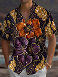 Oceanlyte Men's Short Sleeve Shirt - Large Orange And Purple Flowers With Gold Spider Web And Pearl Clouds Print with Chest Pocket