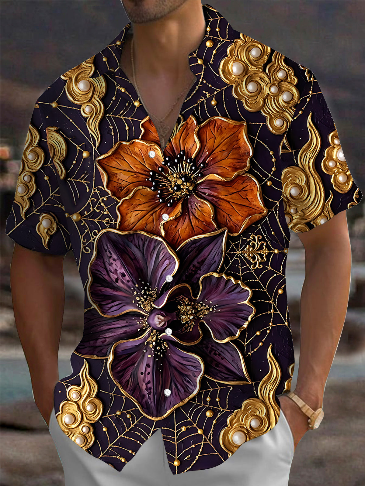 Oceanlyte Men's Short Sleeve Shirt - Large Orange And Purple Flowers With Gold Spider Web And Pearl Clouds Print with Chest Pocket