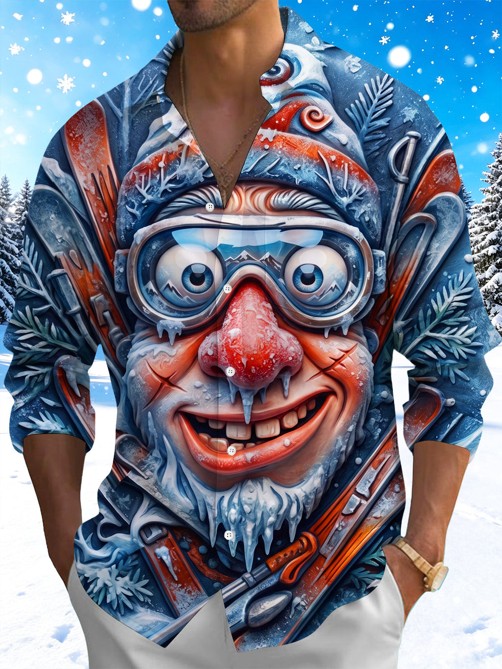 Oceanlyte Men's Long Sleeve Shirt - Funny Cartoon Santa Claus With Ski Goggles And Skis Print with Chest Pocket
