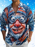 Oceanlyte Men's Long Sleeve Shirt - Funny Cartoon Santa Claus With Ski Goggles And Skis Print with Chest Pocket