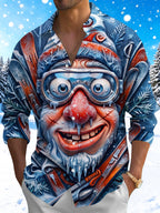 Oceanlyte Men's Long Sleeve Shirt - Funny Cartoon Santa Claus With Ski Goggles And Skis Print with Chest Pocket