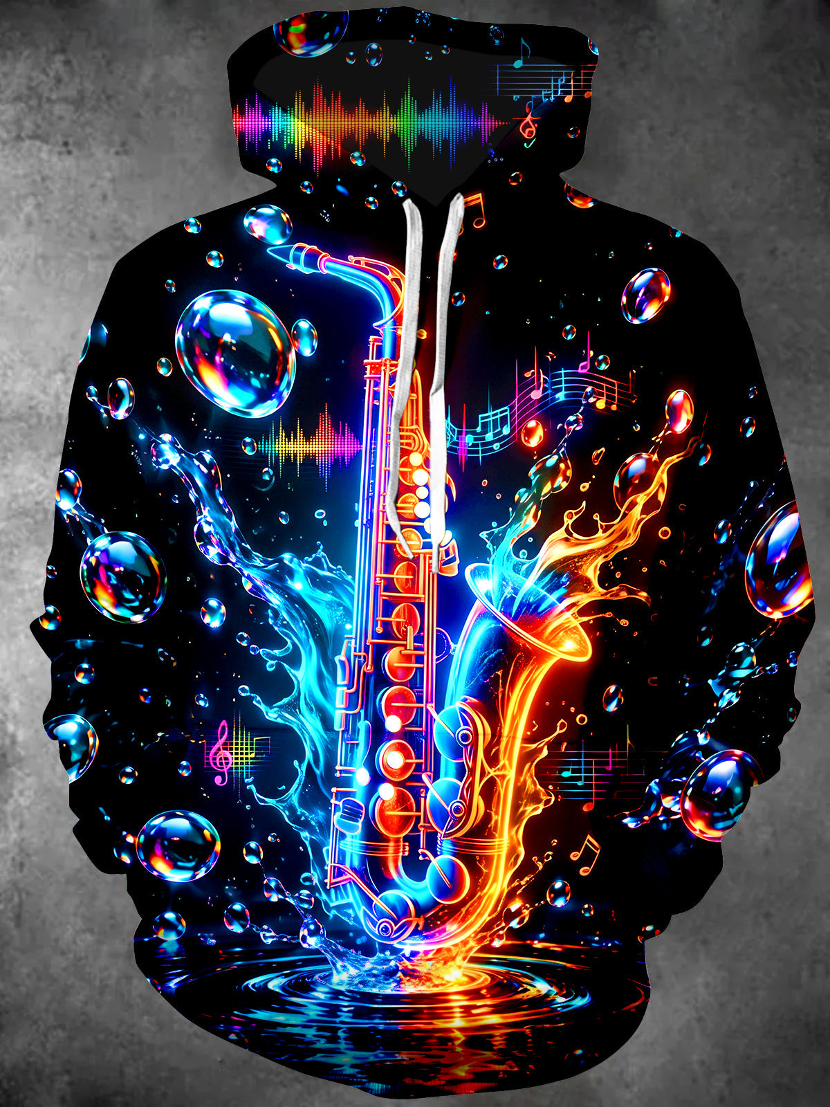 Oceanlyte Men's Long Sleeve Hoodie - Neon Saxophone With Fire And Water Splash Print